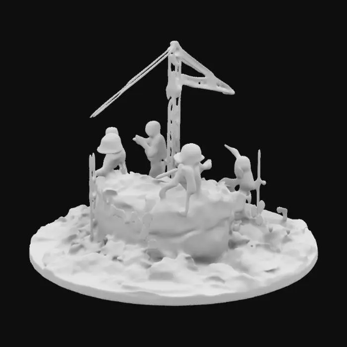 3D model for Miniature construction workers use tiny tools to carve a chocolate cake, resembling an active excavation site, complete with edible scaffolding.