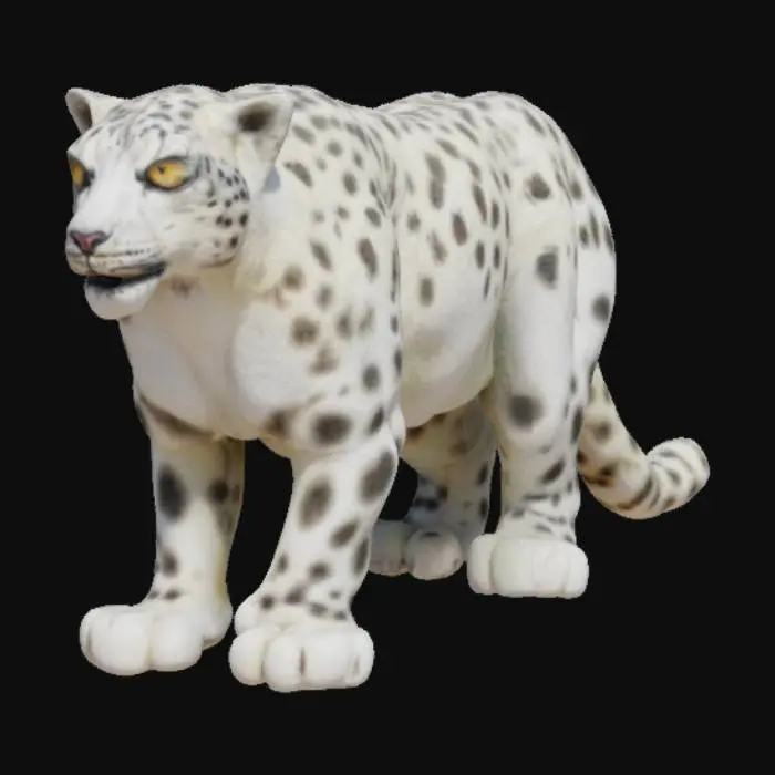 3D model for a majestic snow leopard standing on a rocky mountain peak, gazing into the distance