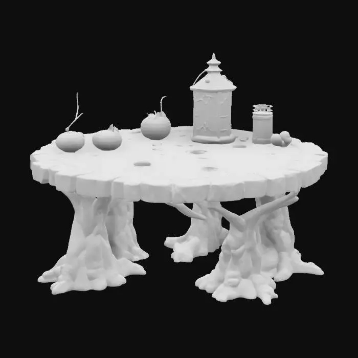 3D model for fairy-style wooden table with intricate vine carvings, glowing softly under enchanted lanterns, #fairy#