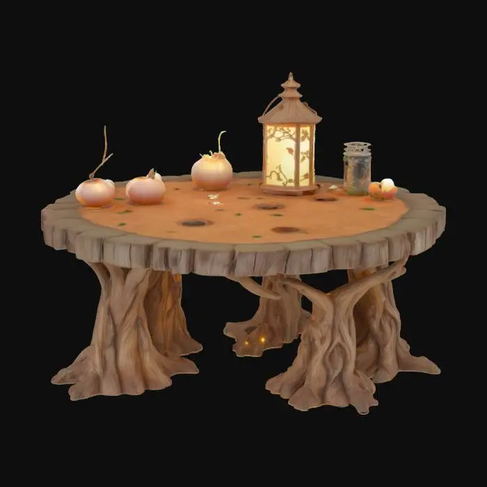 3D model for fairy-style wooden table with intricate vine carvings, glowing softly under enchanted lanterns, #fairy#