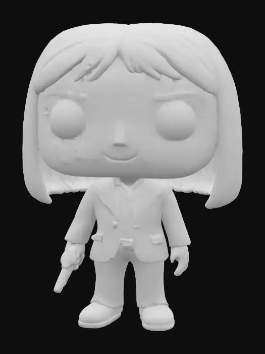 3D model for Figura funko pop, cabeça grande comparativamente com o corpo. Cabelo até aos ombros com franja. expressão como está na foto. Como roupa está a utilizar um fato.