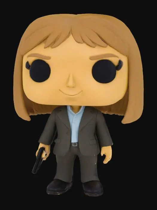 3D model for Figura funko pop, cabeça grande comparativamente com o corpo. Cabelo até aos ombros com franja. expressão como está na foto. Como roupa está a utilizar um fato.