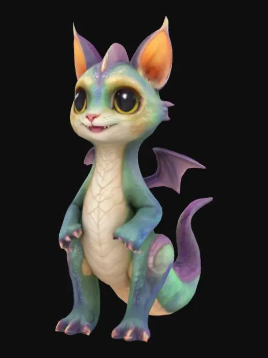 3D model for A fusion between a cat and a dragon. It has to be very cute and have extremely expressive features. Have it leaning more towards being reptilian in appearance. It must be standing up.