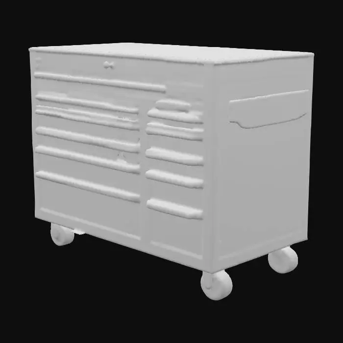 3D model for A mechanics tool box with multiple drawers. Name on the tool box is WrenchOn. Drawers should be 3-4 wide drawers with two being taller. Several less wide drawers also different sizes of tallness 