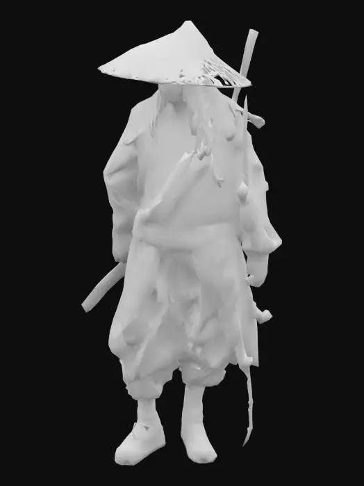 3D model for A samurai warrior, clanless and masterless.  He is dressed in simple, worn peasant-style travel clothes - dark, neutral tones, possibly patched or faded.  A wide, woven straw hat "kasa" is deeply pulled down, obscuring his gaze and partially hiding his features. Strands of dark, tangled hair are visible from under the hat.  A simple but functional sword in its scabbard is slung across his back. A second sword (wakizashi) is tucked into his belt. He carries a wooden staff or walking stick.  