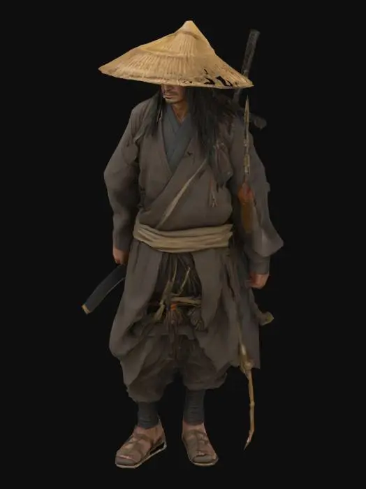 3D model for A samurai warrior, clanless and masterless.  He is dressed in simple, worn peasant-style travel clothes - dark, neutral tones, possibly patched or faded.  A wide, woven straw hat "kasa" is deeply pulled down, obscuring his gaze and partially hiding his features. Strands of dark, tangled hair are visible from under the hat.  A simple but functional sword in its scabbard is slung across his back. A second sword (wakizashi) is tucked into his belt. He carries a wooden staff or walking stick.  