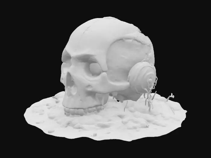 3D model for Ancient giant robot head, half-buried in soil and moss, overgrown with vines, cracked metal and stone texture, glowing broken eye, highly detailed, 3D game asset, no rigging, for Unreal Engine or Unity environments