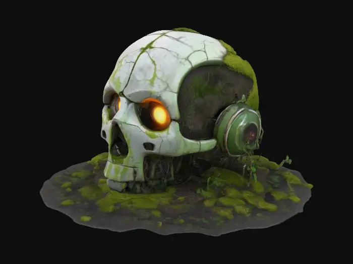 3D model for Ancient giant robot head, half-buried in soil and moss, overgrown with vines, cracked metal and stone texture, glowing broken eye, highly detailed, 3D game asset, no rigging, for Unreal Engine or Unity environments