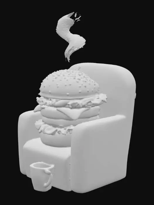 3D model for hamburger on a chair, drinking coffee
