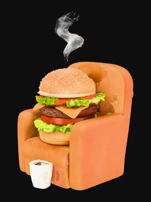 3D model for hamburger on a chair, drinking coffee
