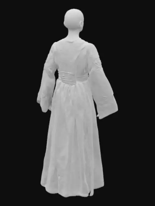 3D model for Create a 3D model of a traditional Ethiopian women's dress, 'Habesha Kemis.' It's a long, white, handwoven cotton gown with colorful geometric embroidery (Tibeb) in red, gold, green, and blue on the neckline, cuffs, and hem. The dress has long, slightly flared sleeves and a soft, flowing drape. Include a matching netela (shawl) with embroidered edges. Ensure realistic fabric texture and natural cloth physics for an elegant, traditional look.