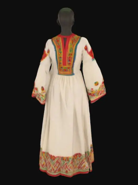 3D model for Create a 3D model of a traditional Ethiopian women's dress, 'Habesha Kemis.' It's a long, white, handwoven cotton gown with colorful geometric embroidery (Tibeb) in red, gold, green, and blue on the neckline, cuffs, and hem. The dress has long, slightly flared sleeves and a soft, flowing drape. Include a matching netela (shawl) with embroidered edges. Ensure realistic fabric texture and natural cloth physics for an elegant, traditional look.