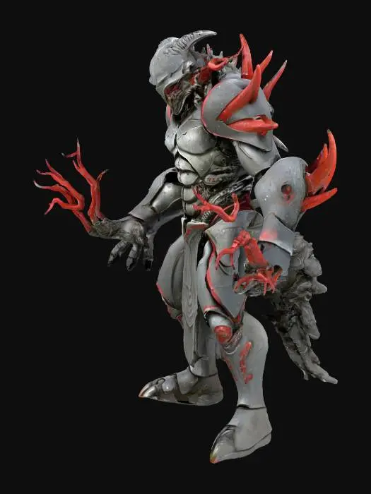 3D model for a monstrous, armored figure. The sculpt features a dark, weathered metallic armor with a heavy, textured surface that includes intricate organic growths and spikes on the shoulders. The helmet is split vertically, with a mass of fleshy, writhing tentacles flowing from the bottom half. Spindly, branch-like appendages with small red growths are sculpted onto the shoulders and helmet. The figure's left arm is dynamically posed and extends forward, showcasing a large, sculpted gauntlet. The design combines rigid, inorganic armor with soft, grotesque organic elements.