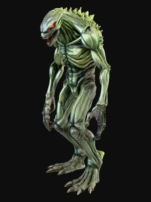 3D model for a towering, nightmarish kaiju rampaging through a modern cityscape. The creature stands dozens of stories tall with an emaciated, alien-like body — elongated limbs, sinewy muscles, and jagged, uneven proportions that make it look both powerful and unstable. Its skin is a mottled gray-green with a slick, almost amphibian texture, covered in scars and bony ridges. The head is small compared to its body, with deep-set, glowing eyes and a gaping, asymmetrical mouth full of uneven teeth. Its long forearms end in clawed, hand-like appendages, while smaller vestigial limbs protrude from its torso, hinting at strange evolutionary origins.