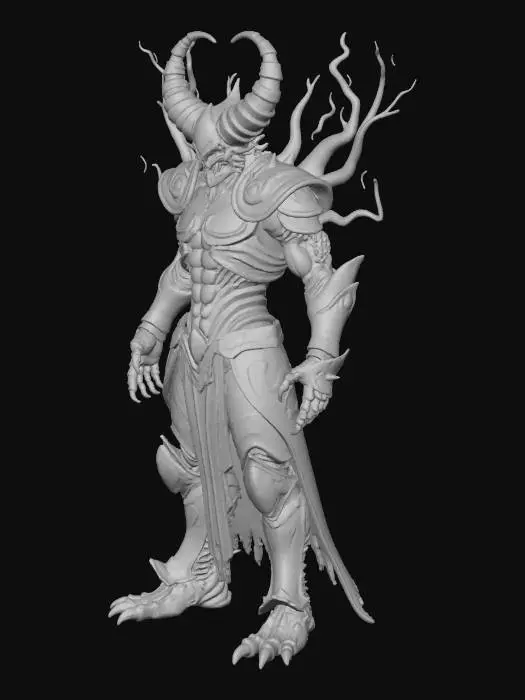 3D model for a monstrous, armored figure. The sculpt features a dark, weathered metallic armor with a heavy, textured surface that includes intricate organic growths and spikes on the shoulders. The helmet is split vertically, with a mass of fleshy, writhing tentacles flowing from the bottom half. Spindly, branch-like appendages with small red growths are sculpted onto the shoulders and helmet. The figure's left arm is dynamically posed and extends forward, showcasing a large, sculpted gauntlet. The design combines rigid, inorganic armor with soft, grotesque organic elements.