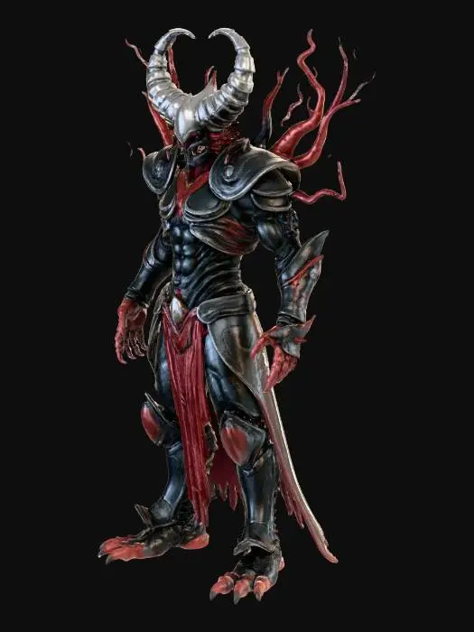 3D model for a monstrous, armored figure. The sculpt features a dark, weathered metallic armor with a heavy, textured surface that includes intricate organic growths and spikes on the shoulders. The helmet is split vertically, with a mass of fleshy, writhing tentacles flowing from the bottom half. Spindly, branch-like appendages with small red growths are sculpted onto the shoulders and helmet. The figure's left arm is dynamically posed and extends forward, showcasing a large, sculpted gauntlet. The design combines rigid, inorganic armor with soft, grotesque organic elements.