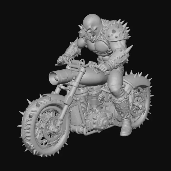 3D model for a menacing figure on a motorcycle. The figure has a flaming skull for a head and is wearing spiky black armor. He is holding the handlebars with armored gauntlets. The motorcycle is dark and monstrous, with a jagged, almost reptilian design, glowing orange eyes, and wheels of pure fire.