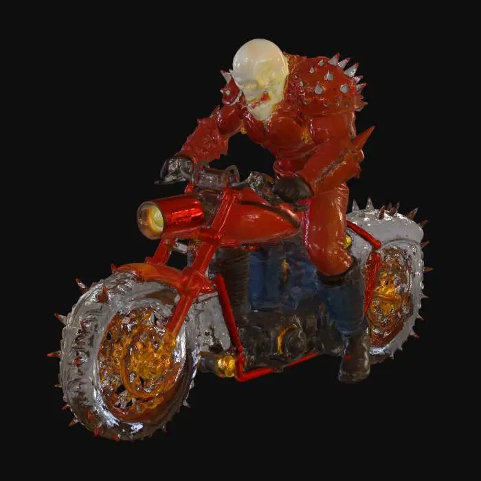 3D model for a menacing figure on a motorcycle. The figure has a flaming skull for a head and is wearing spiky black armor. He is holding the handlebars with armored gauntlets. The motorcycle is dark and monstrous, with a jagged, almost reptilian design, glowing orange eyes, and wheels of pure fire.