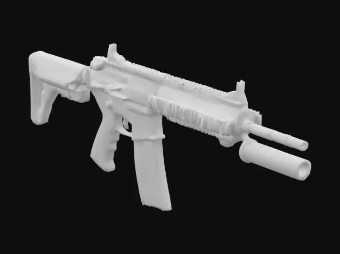 3D model for Highly detailed 3D model of an M4 assault rifle, realistic textures, sharp geometry, matte black metal finish, polymer adjustable stock, Picatinny rail system on top and sides, 30-round STANAG magazine inserted, forward assist and dust cover details, realistic barrel with flash suppressor, military-grade detailing, no logos or text, isolated object, studio lighting, clean mesh, optimized topology.