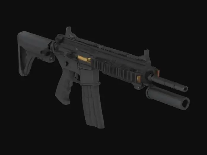 3D model for Highly detailed 3D model of an M4 assault rifle, realistic textures, sharp geometry, matte black metal finish, polymer adjustable stock, Picatinny rail system on top and sides, 30-round STANAG magazine inserted, forward assist and dust cover details, realistic barrel with flash suppressor, military-grade detailing, no logos or text, isolated object, studio lighting, clean mesh, optimized topology.