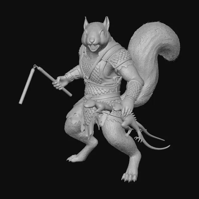 3D model for a fully body image of a rugged squirrel-man warrior that fights with nunchucks and lizards