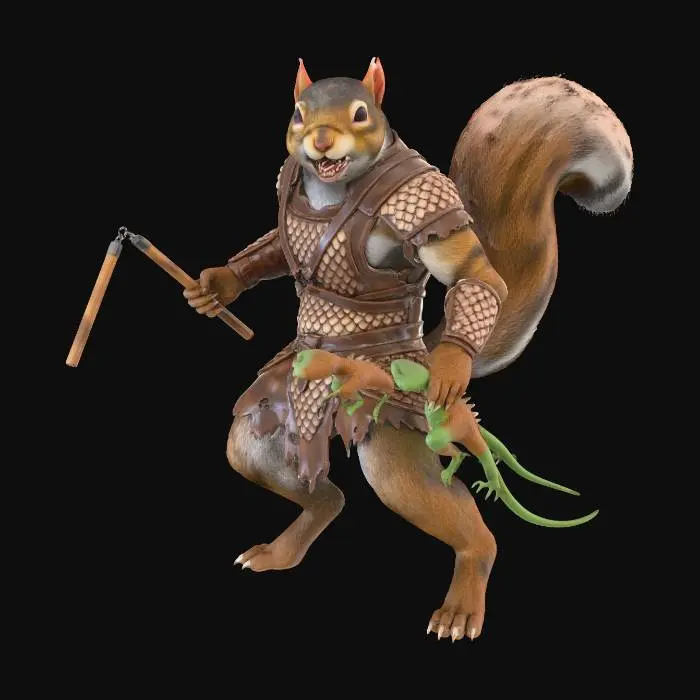3D model for a fully body image of a rugged squirrel-man warrior that fights with nunchucks and lizards