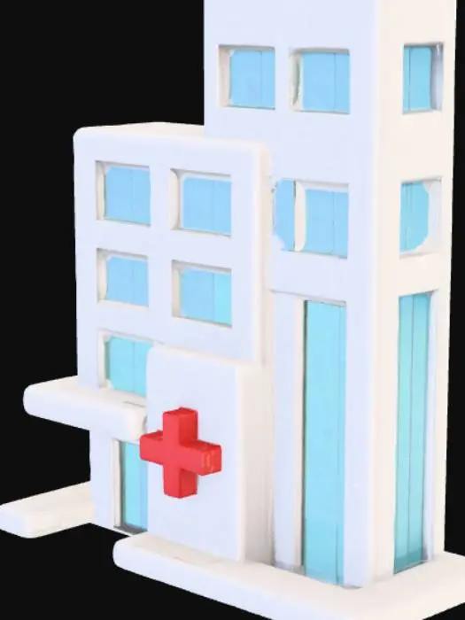 3D model for A low poly hospital model, characterized by sharp, geometric forms and minimal polygon count. Its blocky structure features a main rectangular building with a central, taller section, rendered in clean, untextured matte white and light grey plastics. Windows are simplified blue or green panes. A distinct red cross symbol adorns the roof or a prominent wall, providing a smooth, hard, and visually crisp tactile impression.