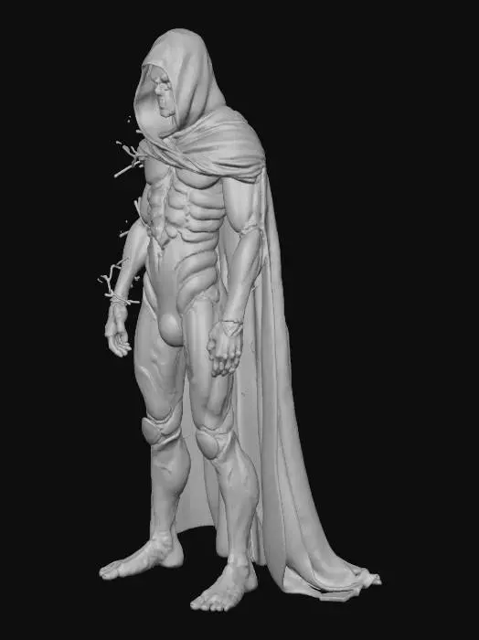 3D model for "Ein imposanter,dunkler SuperschurkenamensNyxar, der Paradoxon-Träger.SeinKörper wirkt fragmentiert, als würde er gleichzeitig aus verschiedenen Zeitlinien bestehenTeilevon hm schimmern transparent, andere wirken wie gebrochenesGlasoder verzerrte Spiegelungen. Erträgteine lange, zerrissene Robe,dieinderLuft fließt, als ob die Gravitationnichtfür ihn gilt.SeinGesichtisthalb verborgen von einer abstrakten,schattenhaften Maske,durchdieeinAugein kosmischem Licht glüht. Seine Haut ist dunkelgrau mit leuchtenden, rissartigenLinien, die wie brennende Zeitadern pulsieren. Um ihn herum schweben verzerrte geometrische Fragmente, diedie Realität brechen–Würfel,Dreiecke und Spiralen, die sich unmöglich drehen.DasDesignsollbedrohlich, mystisch und außerweltlichwirken, wieeinkosmischerParadoxonHerrscher