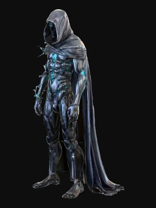 3D model for "Ein imposanter,dunkler SuperschurkenamensNyxar, der Paradoxon-Träger.SeinKörper wirkt fragmentiert, als würde er gleichzeitig aus verschiedenen Zeitlinien bestehenTeilevon hm schimmern transparent, andere wirken wie gebrochenesGlasoder verzerrte Spiegelungen. Erträgteine lange, zerrissene Robe,dieinderLuft fließt, als ob die Gravitationnichtfür ihn gilt.SeinGesichtisthalb verborgen von einer abstrakten,schattenhaften Maske,durchdieeinAugein kosmischem Licht glüht. Seine Haut ist dunkelgrau mit leuchtenden, rissartigenLinien, die wie brennende Zeitadern pulsieren. Um ihn herum schweben verzerrte geometrische Fragmente, diedie Realität brechen–Würfel,Dreiecke und Spiralen, die sich unmöglich drehen.DasDesignsollbedrohlich, mystisch und außerweltlichwirken, wieeinkosmischerParadoxonHerrscher