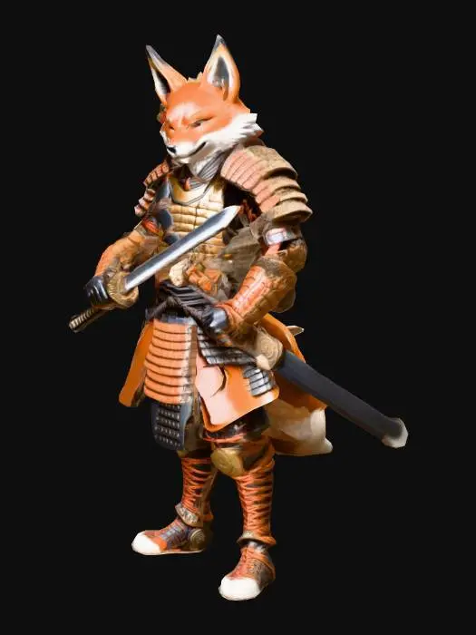 3D model for Фигура воина в японском стиле, с телом человека и стилизованной лисьей головой. Он облачен в детализированную кожаную броню, состоящую из множества пластин, переплетенных тонкими шнурами, придавая ей текстуру гибкости и прочности. Правая рука немного вытянута вперед. В правой руке воин держит самурайский меч с острой, гладкой поверхностью лезвия, направленный вверх. На его спине отчетливо виден закрепленный боевой лук и плотно набитый колчан со стрелами.