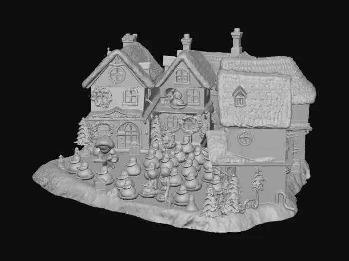 3D model for create a realistic christmas village style rubber duck factory that is run by elves