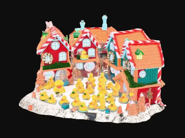3D model for create a realistic christmas village style rubber duck factory that is run by elves