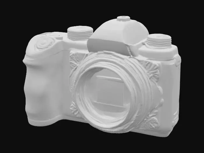 3D model for A sleek, futuristic camera carved from vibrant emerald, adorned with intricate platinum design., #PBR#