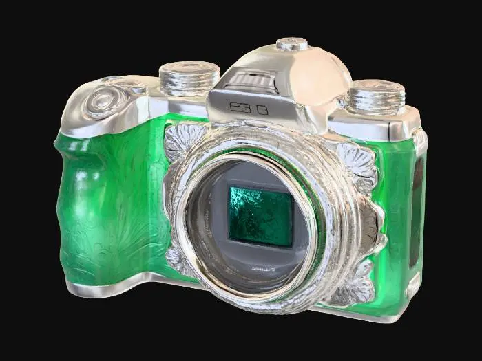 3D model for A sleek, futuristic camera carved from vibrant emerald, adorned with intricate platinum design., #PBR#