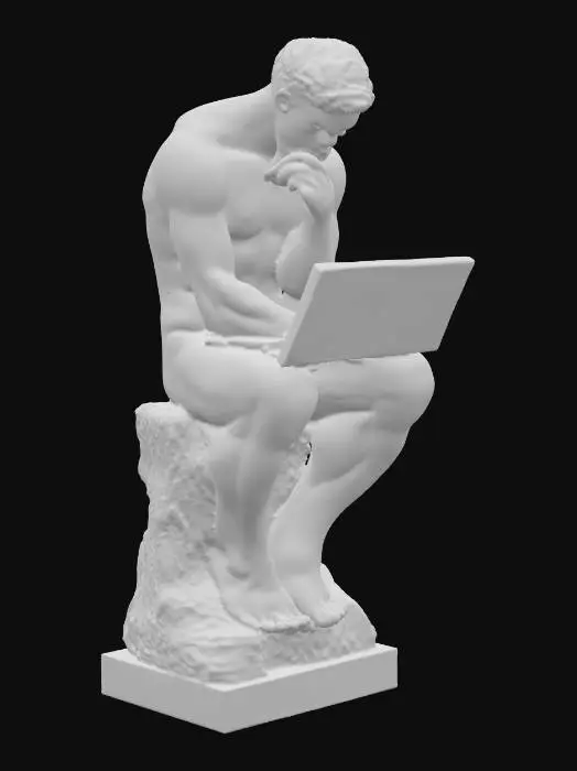 3D model for #PBR#, A profile view of a Thinker Statue in its classic pose, holding a Laptop.