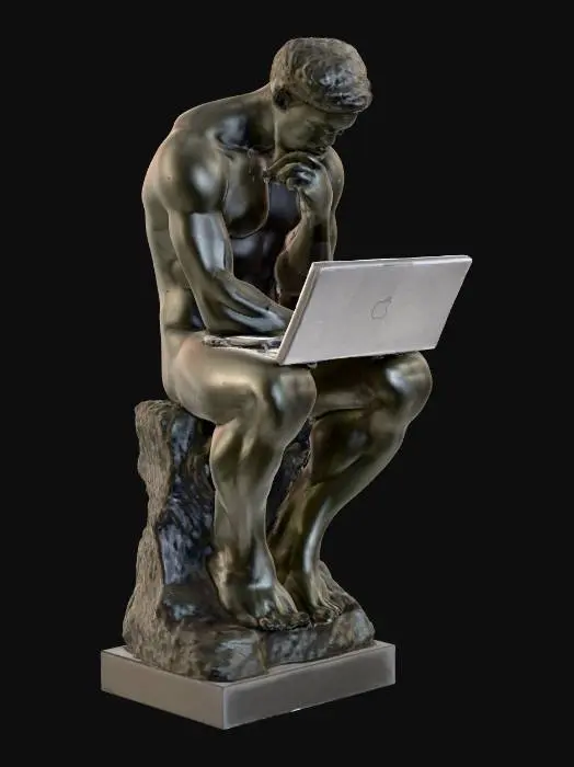 3D model for #PBR#, A profile view of a Thinker Statue in its classic pose, holding a Laptop.