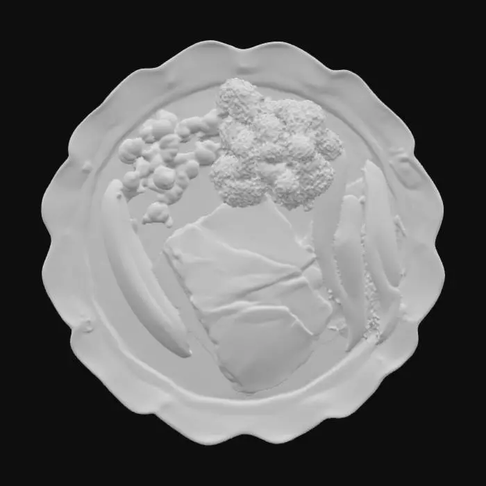 3D model for #food#, Top-down, studio shot of a balanced meal on a round, decorated yellow porcelain plate, pure white background. Sections include: fresh broccoli, carrots, mixed berries, apple slices, leafy greens, sweet potatoes, peas, tomatoes; lean beef cubes, sliced chicken, mixed nuts, lentils, hard-boiled egg, salmon fillet, Greek yogurt, cheese cubes, sunflower seeds, kidney beans; whole-wheat bread, pasta, black beans, ground turkey/beef, quinoa, tuna. Even lighting for 3D readiness