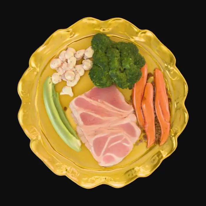 3D model for #food#, Top-down, studio shot of a balanced meal on a round, decorated yellow porcelain plate, pure white background. Sections include: fresh broccoli, carrots, mixed berries, apple slices, leafy greens, sweet potatoes, peas, tomatoes; lean beef cubes, sliced chicken, mixed nuts, lentils, hard-boiled egg, salmon fillet, Greek yogurt, cheese cubes, sunflower seeds, kidney beans; whole-wheat bread, pasta, black beans, ground turkey/beef, quinoa, tuna. Even lighting for 3D readiness
