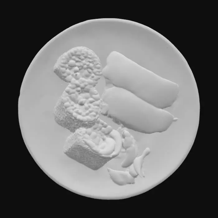 3D model for #food#, Top-down, studio shot of a balanced Japanese meal on a round, decorated yellow porcelain plate, pure white background. The meal includes a variety of sushi rolls (like California rolls and salmon nigiri), fresh sashimi slices, a small bowl of miso soup, a portion of steamed edamame, and a side of vegetable tempura. The composition is clean and minimalist, with a focus on fresh ingredients and artistic arrangement, with soft, even lighting f