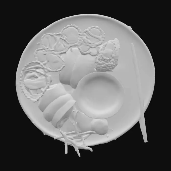 3D model for #food#, Top-down, studio shot of a balanced Japanese meal on a round, decorated yellow porcelain plate, pure white background. The meal includes a variety of sushi rolls (like California rolls and salmon nigiri), fresh sashimi slices, a small bowl of miso soup, a portion of steamed edamame, and a side of vegetable tempura. The composition is clean and minimalist, with a focus on fresh ingredients and artistic arrangement, with soft, even lighting f