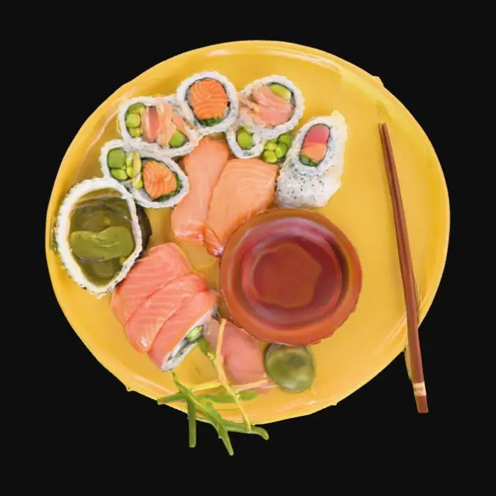 3D model for #food#, Top-down, studio shot of a balanced Japanese meal on a round, decorated yellow porcelain plate, pure white background. The meal includes a variety of sushi rolls (like California rolls and salmon nigiri), fresh sashimi slices, a small bowl of miso soup, a portion of steamed edamame, and a side of vegetable tempura. The composition is clean and minimalist, with a focus on fresh ingredients and artistic arrangement, with soft, even lighting f