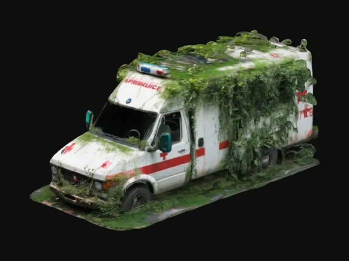 3D model for Apocalyptic destroyed ambulance vehicle overgrown with climbing plants