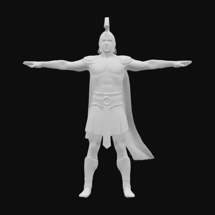 3D model for Create a highly detailed image of a Roman gladiator in T-Pose. The gladiator should wear traditional armor, such as a helmet with a crest, a leather or metal cuirass, and arm and leg guards. He should have a muscular build and a fierce expression.
