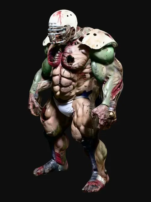 3D model for big zombified creature with huge muscles and a football hemet and pads on that are all torn and ripped up