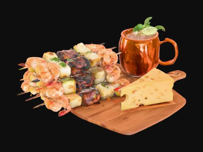 3D model for #food#, Several grilled skewers are laden with plump, orange-pink shrimp, dark brown beef chunks, and lighter chicken pieces, all displaying distinct char marks and savory seasoning. Nearby, a hammered copper Moscow Mule mug, polished and reflective, holds a light-colored liquid. A triangular wedge of pale yellow Swiss cheese with characteristic circular holes rests on a smooth, light wooden cutting board.  #food# 
