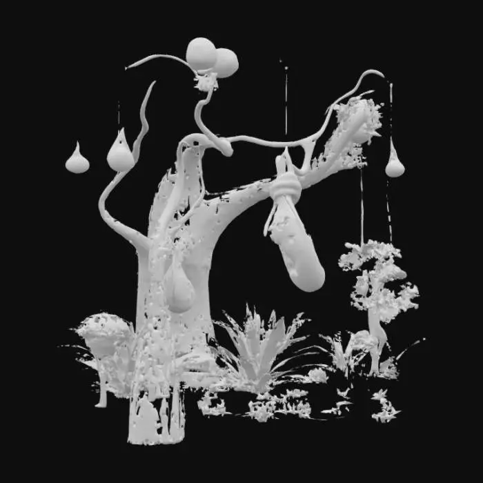 3D model for "Create a , Sci-Fi, surreal garden scene inspired by Nirvana's 'Heart-Shaped Box.' Include a grove of large trees with an umbilical noose, with a developing human fetus with a curved, elongated form and smooth texture encased within a translucent amniotic sac. surrounded by vibrant, overgrown foliage. Add clusters of baby's breath and orchids. The atmosphere should blend beauty with haunting mystery."