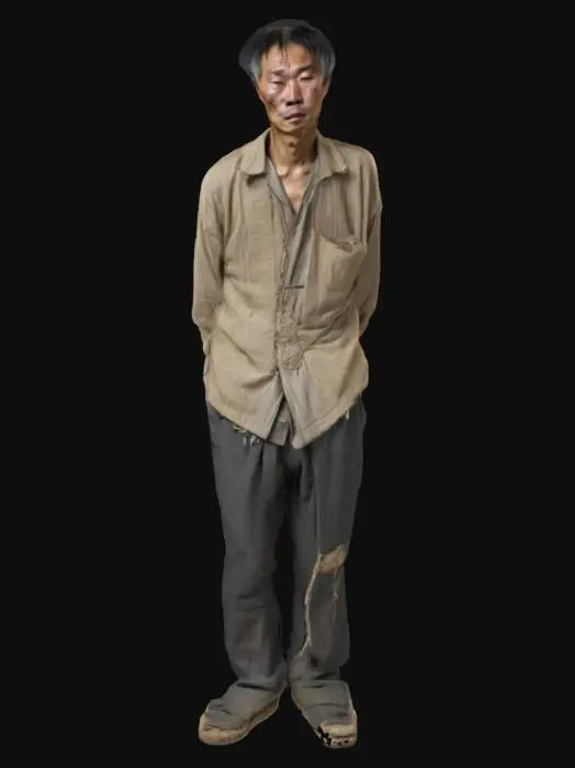 3D model for 一个双目失明的中国男人，穿着破旧的粗布衣服，身体也很脏，看起来精神也不正常。低面风格