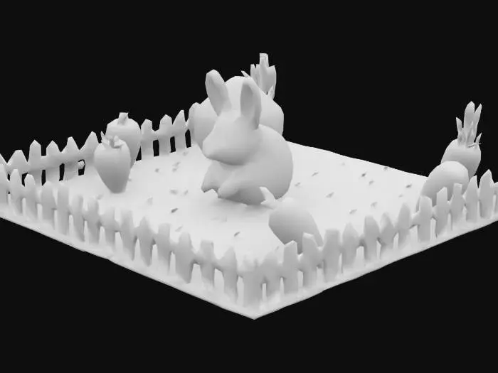 3D model for A fairytale rabbit garden with open grassy area, wooden fences, oversized carrots and clover props, a mini burrow entrance, fairy lights strung across poles, soft magical morning light, enchanted forest background, child-friendly design, 3D rendered
