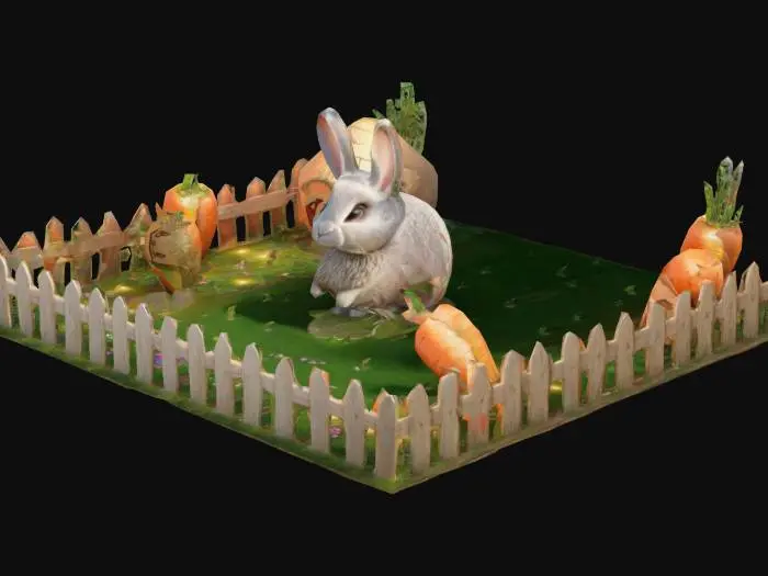 3D model for A fairytale rabbit garden with open grassy area, wooden fences, oversized carrots and clover props, a mini burrow entrance, fairy lights strung across poles, soft magical morning light, enchanted forest background, child-friendly design, 3D rendered
