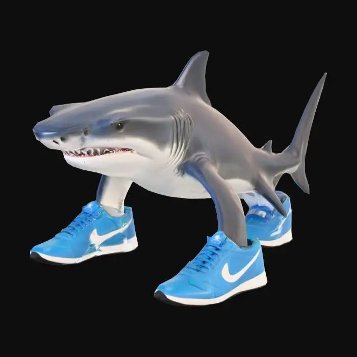 3D model for A shark wearing 3 blue shoes